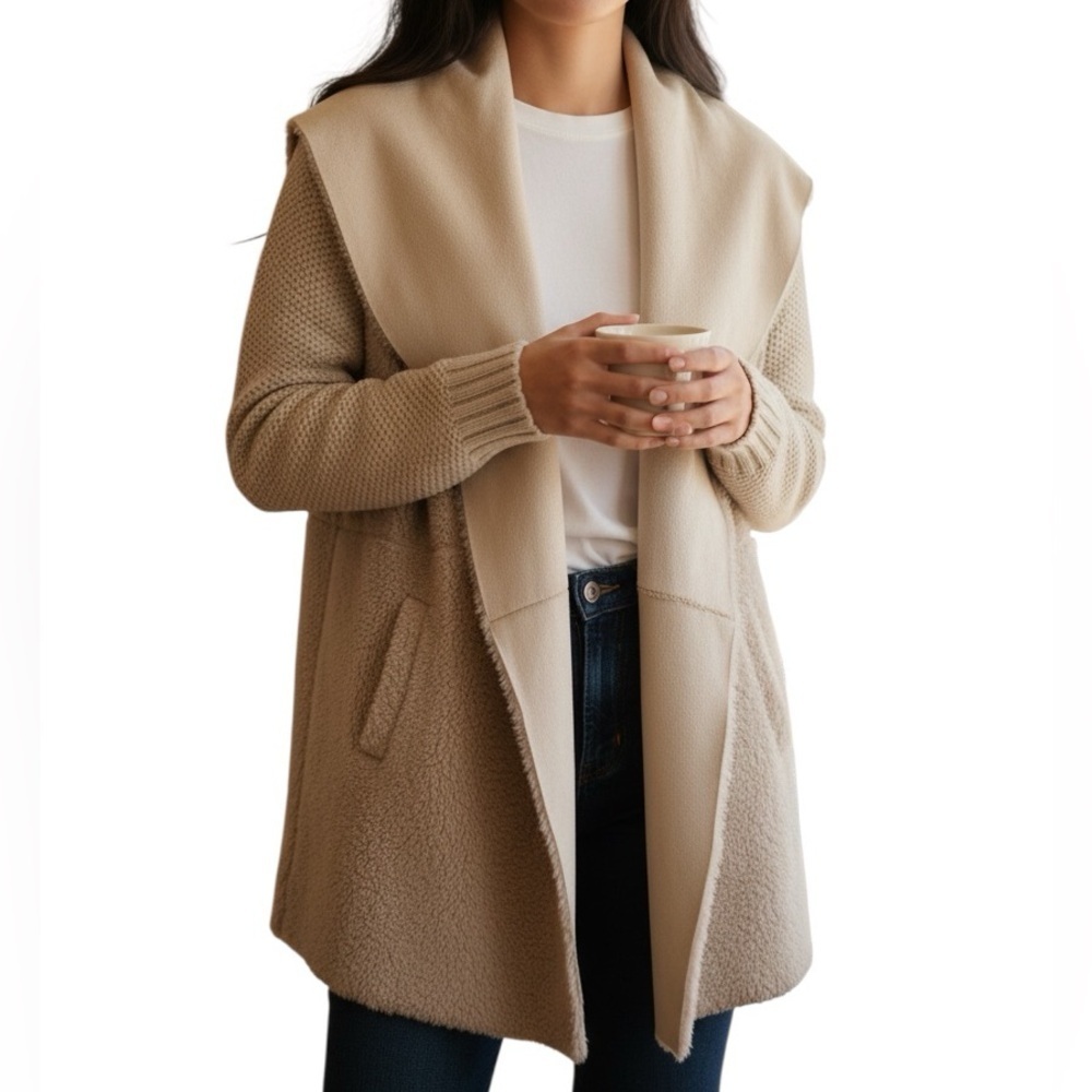 Neiman Marcus Sherpa Faux Suede Cream Drape Cardigan Jacket Women’s Size M